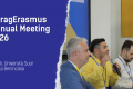 The visual shows on the left the title: "GaragErasmus Annual Meeting 2026" and subtitle: Napoli, Università Suor Orsola Benincasa. On the right side there is a picture of four speakers